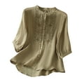 thumbnail image 2 of Ounisa Shirts for Women Summer Embroidered Cotton Linen Blouse 3/4 Sleeve Stand Up Collar Top Vintage Boho Causal Button Shirt, 2 of 9