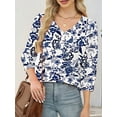 thumbnail image 3 of Womens 3/4 Sleeve Tops with Buttons V-Neck Summer Outfits Casual Shirts Beach Vacation Fall Clothes 2025 Blue Print M, 3 of 5