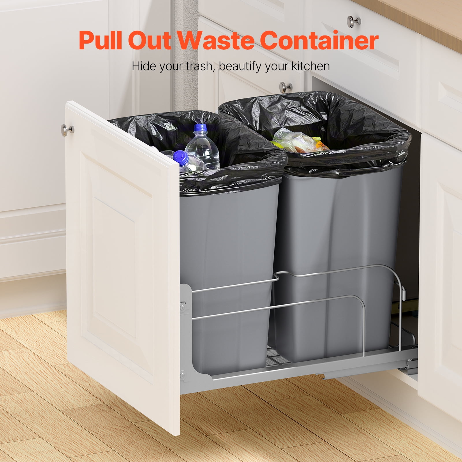 KFFKFF Pull-Out Trash Can, 35 QT x2 Dual Under-Mount Kitchen Waste Bins, Durable Recycling and Garbage Containers with Door-Mount Kit and Soft-Close Slides, Ideal for Cabinets and Under Sink (Grey)