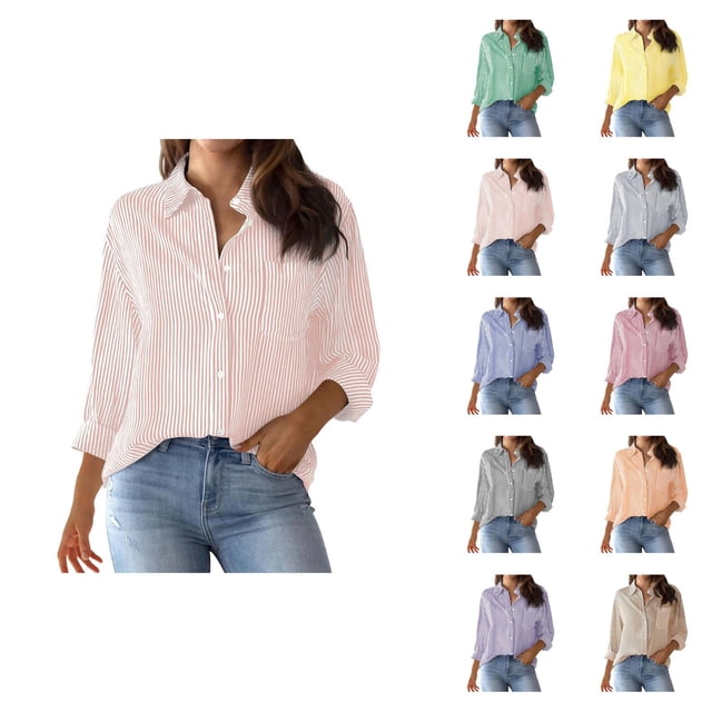 Striped Womens Long Sleeve Shirts 2026 Trendy Button Down Lapel Collared Blouse Shirt