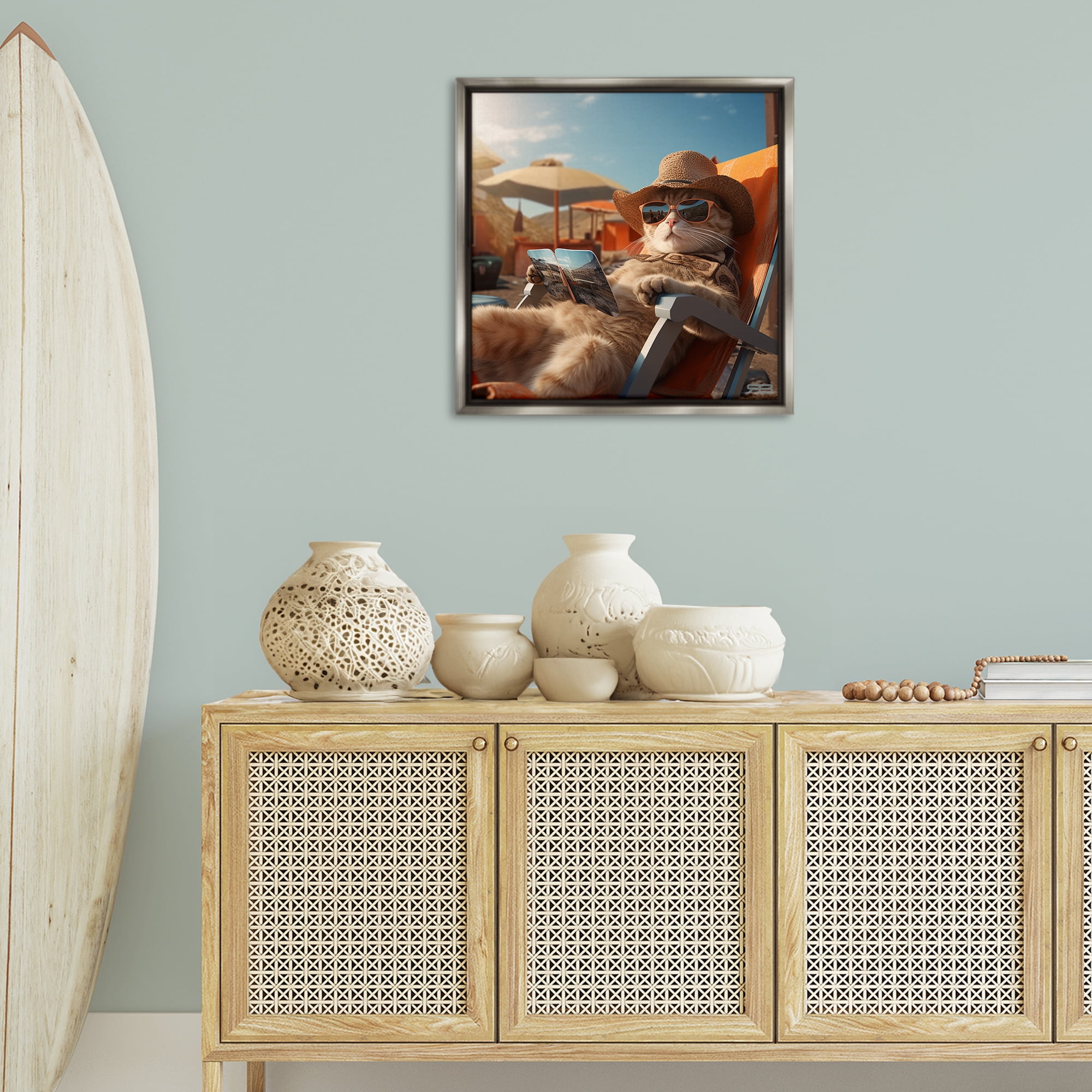 Stupell Industries Relaxing Cat Lounge Chair Animals Painting Gray Floater Framed Canvas Art Print Wall Art, 25 x 25