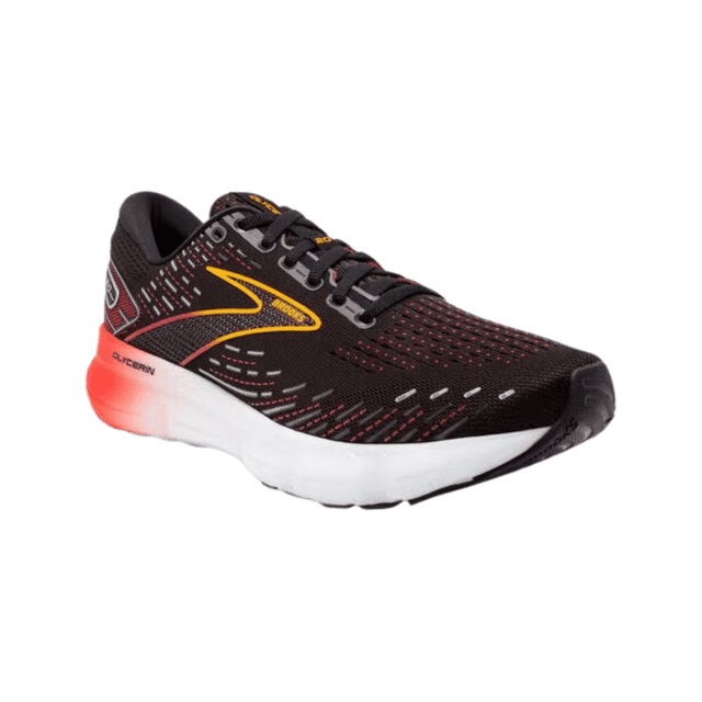 tenis brooks glycerin 20 black hombre negro 28 zapatilla para correr Brooks Glycerin 20 en negro, vista 3/4 lateral derecha; malla superior perforada, logo amarillo en costado, cordones negros y suela blanca gruesa con amortiguación DNA LOFT v3 según especificaciones; modelo 1103821D090, calzado deportivo para hombre, también apto para uso casual diario.