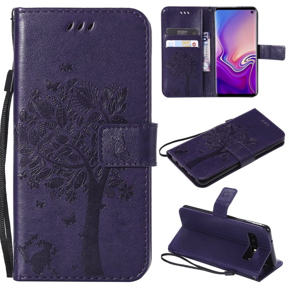 Galaxy S10 Case, Samsung Galaxy S10 Phone Cases, Allytech [Embossed Cat & Tree] PU Leather Wallet Case Folio Flip Kickstand Cover with Card Slots for Samsung Galaxy S10 Cell Phone, Purple