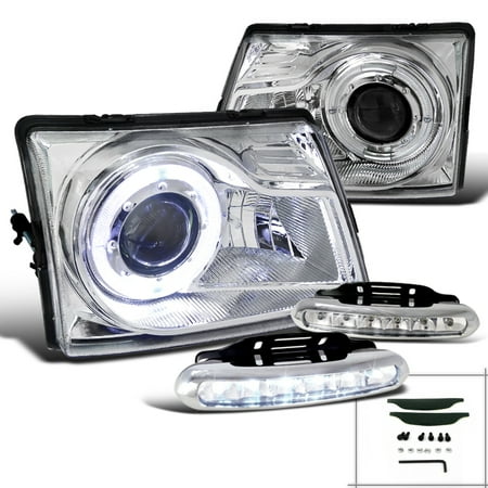 Ford Ranger Bumper Spec-D Tuning For 1998-2000 Ford Ranger Chrome Clear Halo Projector Headlights + Led Bumper Fog Lamps (Left+Right) 1998 1999 2000 ()