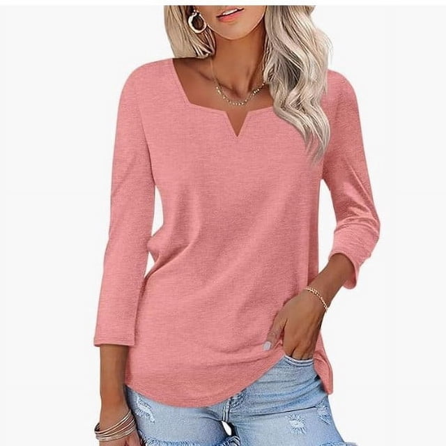 MHFRRA Camisas de Manga 3/4 para Mujer, Blusas de Verano con Cuello Cuadrado y Bloques de Color, Blusas Elegantes e Informales para Mujer Rosa