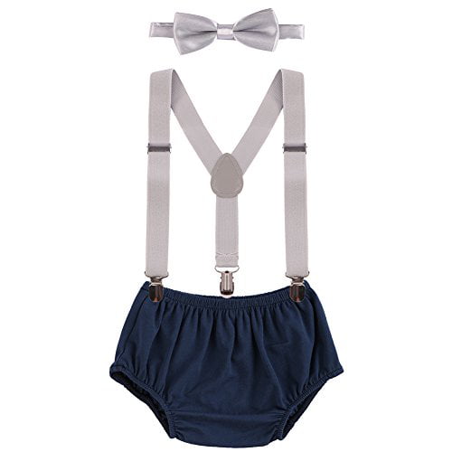 Kids Baby Boys First Birthday Cake Smash Outfit Adjustable Elastic Clip Suspenders Bowtie Set Pre-Tied Bloomers 