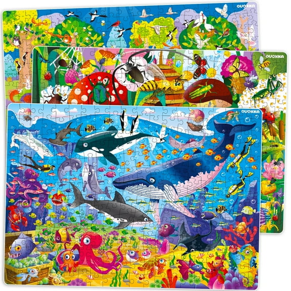 QUOKKA 300 Pieces Puzzles for Kids Ages 10-12 - 3X Set Floor Jigsaw Puzzles - Ocean & Vimel & Bugs