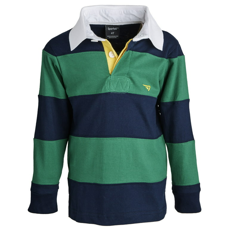 Sportoli® Big Boys 100% Cotton Wide Striped Long Sleeve Polo Rugby Shirt -  Green (Size 8)
