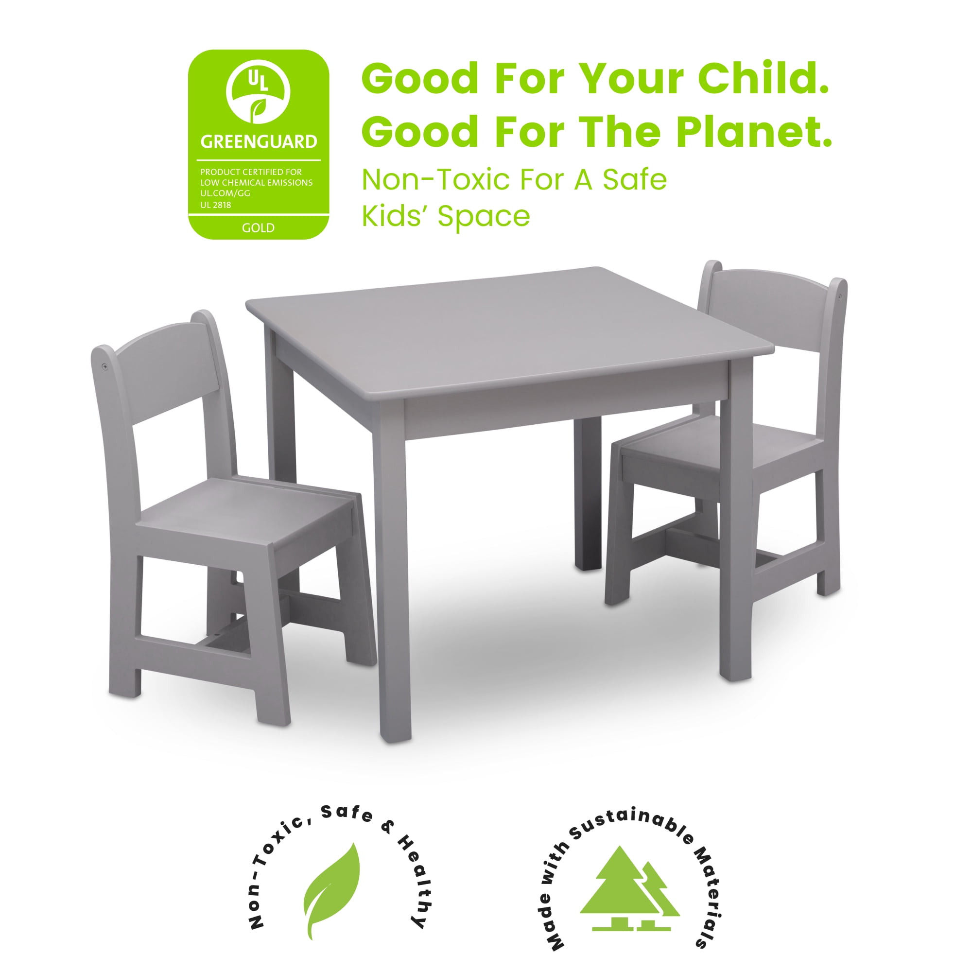 Delta Children MySize Wood Play Table and Chair Set (2 Chairs Included) - Greenguard Gold Certified, Grey