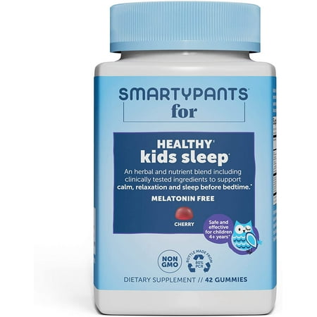 SmartyPants Kids Sleep Gummies: Melatonin FREE; Magnesium for Nervous System Support; L-Theanine for Relaxation; Saffron for Sleep Support, Chamomile & Lemon Balm, Cherry flavor, 42 Ct (21 Day Supply)