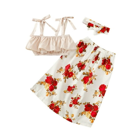 

Toddler Baby Girls Summer Suspender Half Skirt Suit Casual Lacing Strap Sling Short Blouse Fashionable Floral Print Skirt with Hair Band