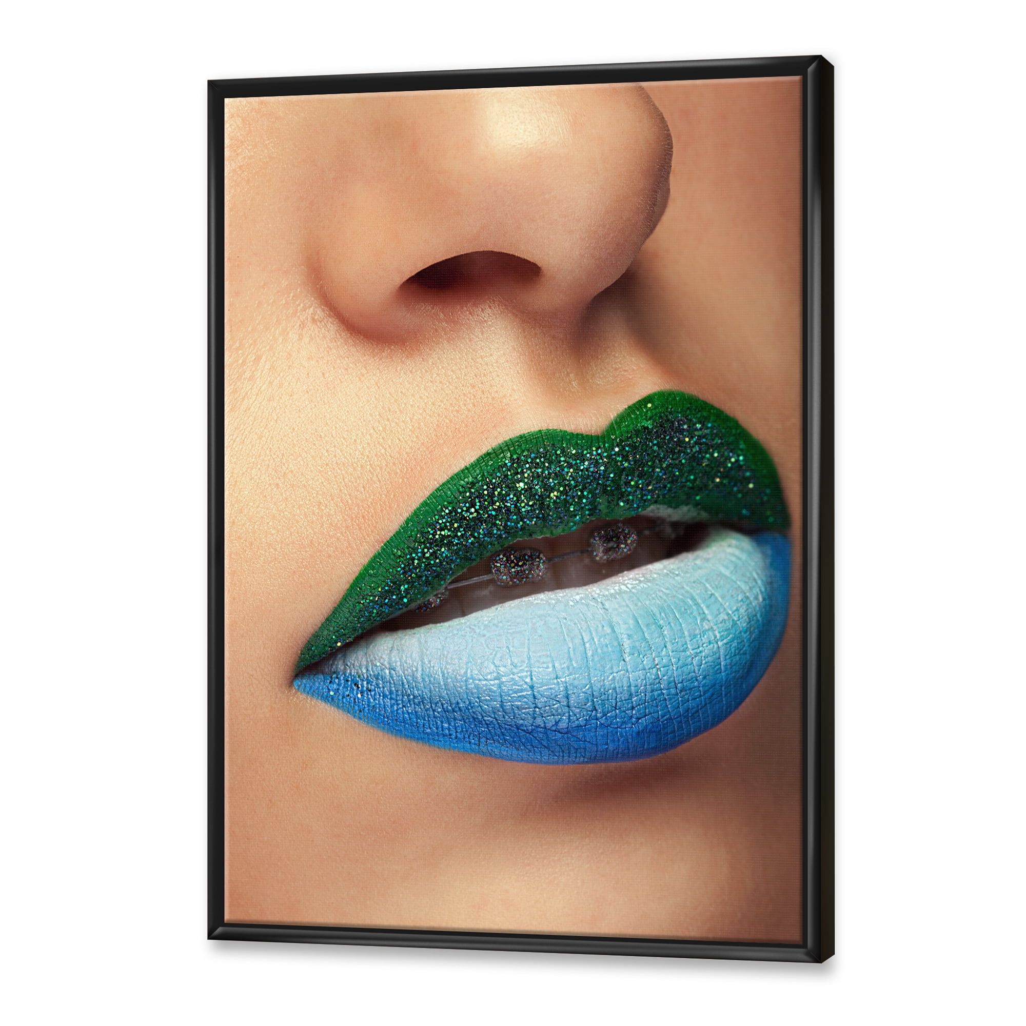 Close Up Woman Lips With Fashion Make Up and Brackets 12 in x 20 in Framed Photography Canvas Art Print, by Designart