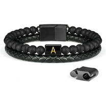 Layered Leather Beads Initial Bracelets for Men, Braided Leather Natural Stone Bracelets for Men with Magnetic Clasp Mens Leather Beaded Bracelets with 26 Initials Stress Anxiety Relief Gifts for Men