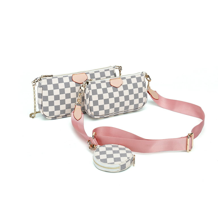 Richports Checkered Tote Shoulder Bags Leather crossbody Bags for Women 3  Size Bag White/Pink Strap 
