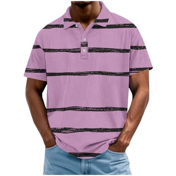 T-shirts for Men Plus Size under $5 Short Sleeved Lapel Button Stripe Casual Solid Color Hook Buckle T-shirt Purple L