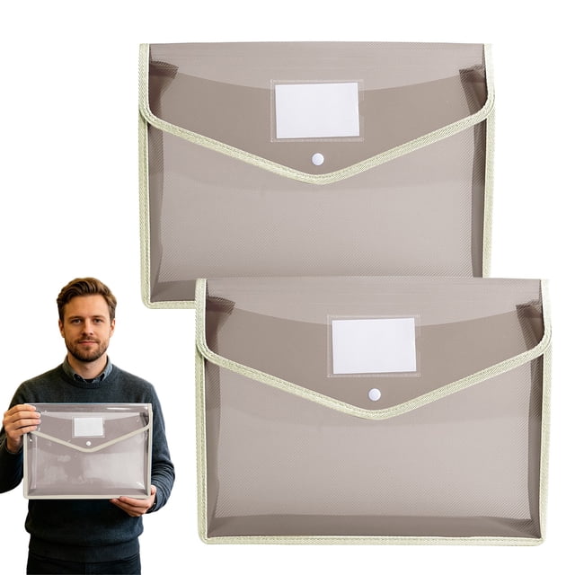 2PCS Documents Holder Envelope Folder, File Storage Bag with Button Transparent Plastic, Certificate File Holder Document Folder, Khaki