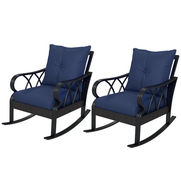 2 Piece Outdoor Wicker Rocking Chairs Rattan Porch Rockers with Cushions, Aluminum Frame for Garden, Patio, Blue