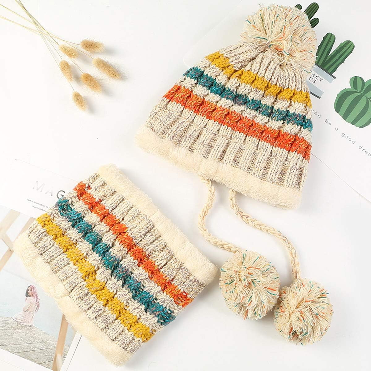 Zhengup Women Winter Beanie Hat Circle Scarf Set Pompoms Peruvian Ski Snow Ear Flaps Sherpa Knit Hats Fleece Lined,S to M Size Head