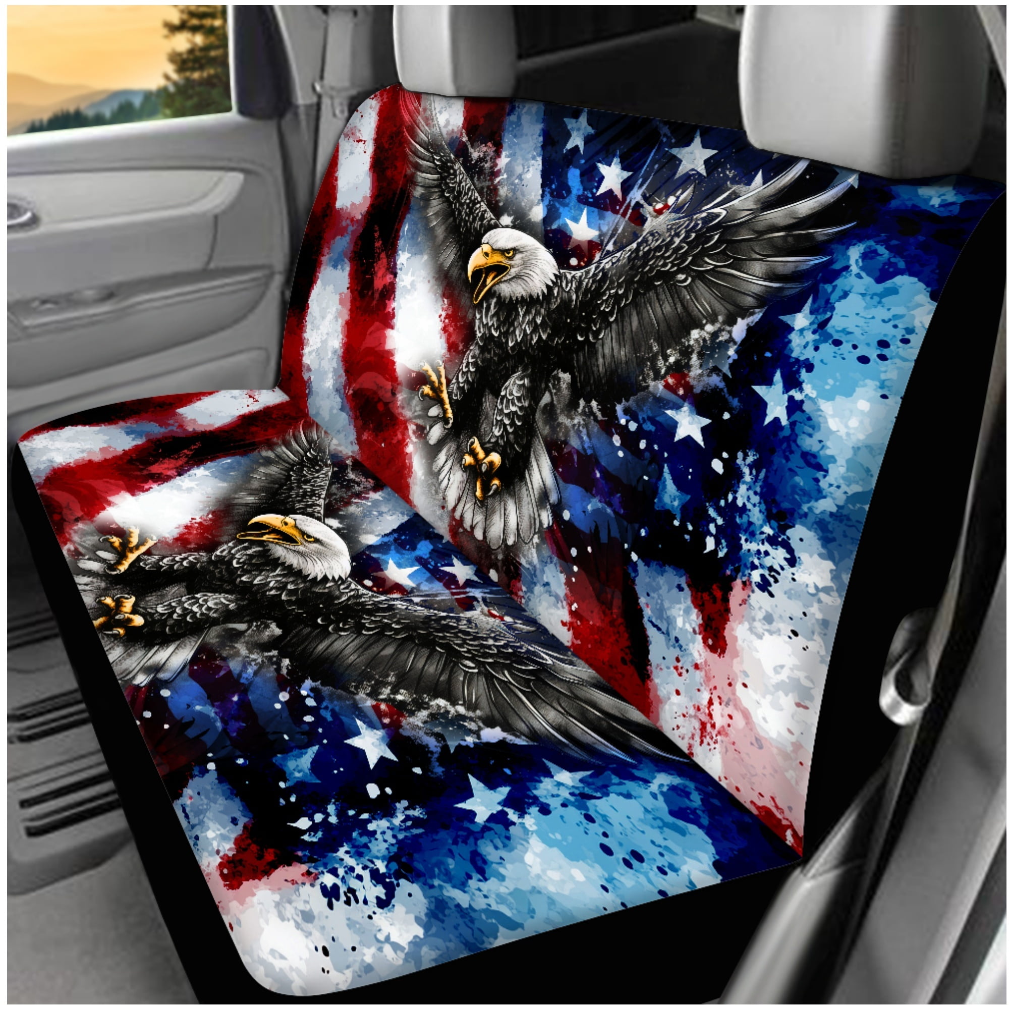 Jeiento Eagle 14 PCS Car Seat Cover Set American Flag Steering Wheel Cover Seat Belt Strap Pads Cup Coasters Armrest Cover Pad Headrest Covers Key Ring Automotive Accessory 4Th of July Decor
