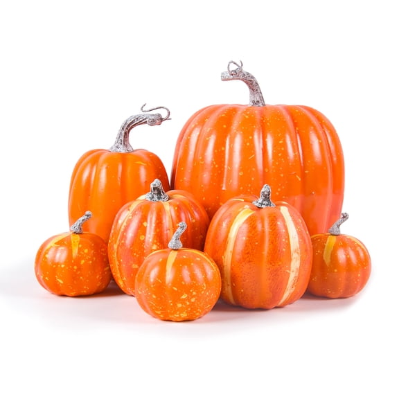 7pcs Artificial Assorted Pumpkins Mini Fake Pumpkins Artificial Vegetables for Halloween Harvest Thanksgiving Party Decorations (7pcs style-A)