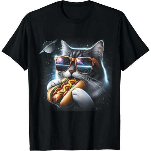 Cat eating Hotdog in space kitty Space Galaxy So Cute Gifts Men Women T-shirt