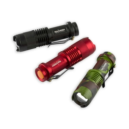 6 Tactical Mini LED Flashlights - Heavy Duty Metal Shell - Ultra Bright 300 Lumen Survival Camping Light - 2 Red, 2 Black and 2 Camo - By