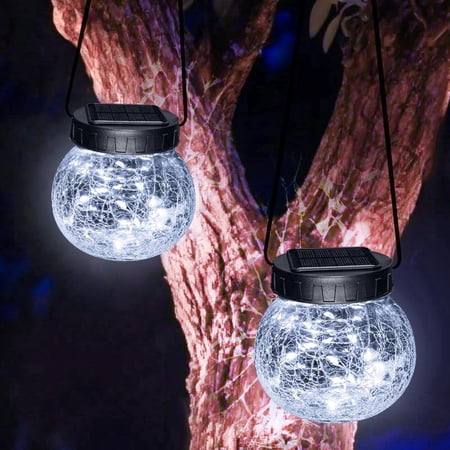 2-Pack Hanging Solar Lights Outdoor, Cracked Glass Lanterns with 30 LEDs for Patio Garden, Waterproof 4 inch Cold White Solar Lights