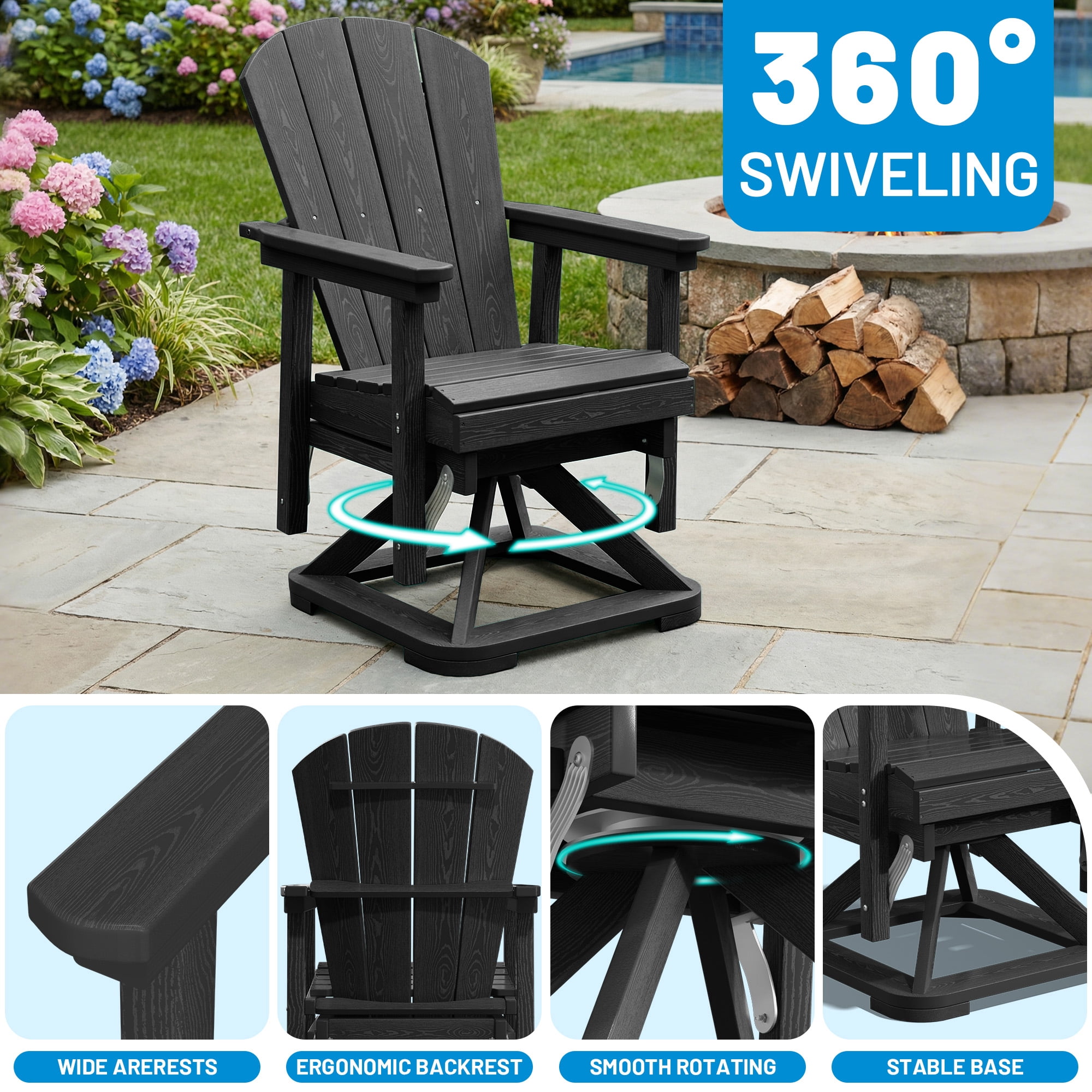 Easthome 360°Swivel Glider Adirondack Chair All-Weather HDPE Outdoor Rocking Chair with Ergonomic Backrest, Outdoor Swivel Rocker for Patio, Porch & Deck - Black