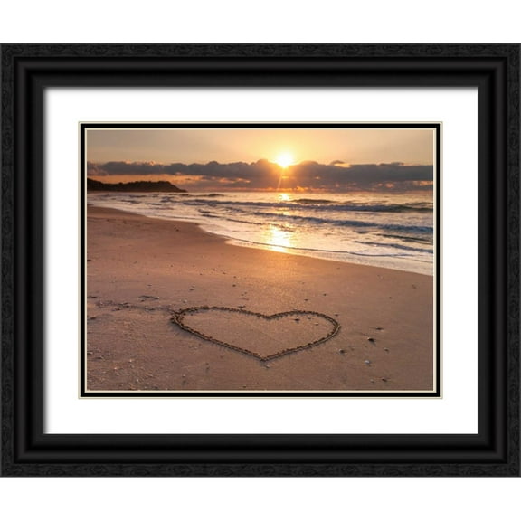 Frank, Assaf 18x15 Black Ornate Wood Framed with Double Matting Museum Art Print Titled - Heart shape drawn on sand at the beach
