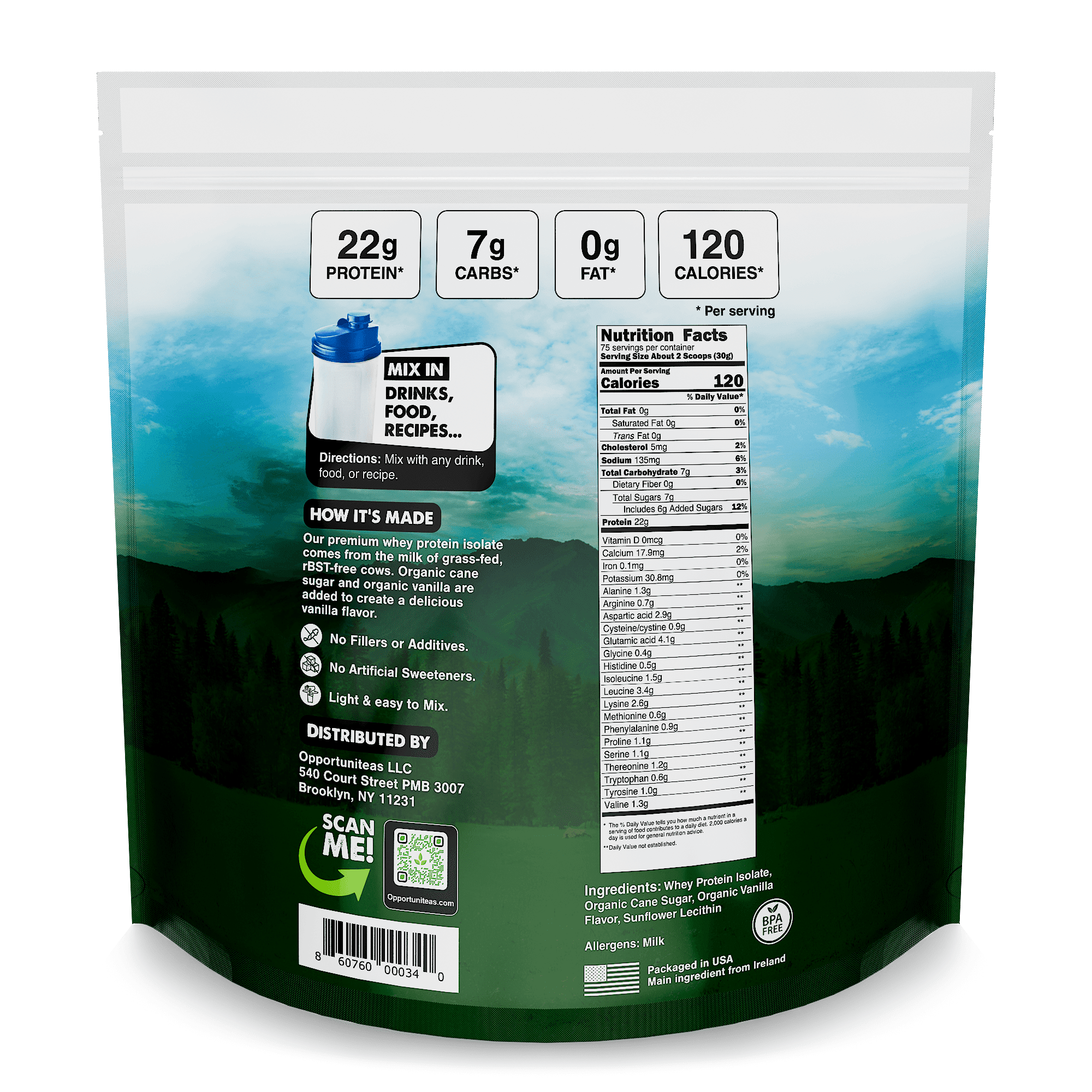 Opportuniteas Grass Fed Vanilla Whey Protein Isolate Powder - 22g Protein Powder Without Artificial Sweeteners, Hormone-Free Cows, Non GMO - 2.5lb