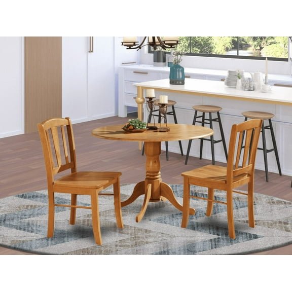 East West Furniture DLIN3-OAK-W Dublin 3PC Set - Round Table with two 9 in. Drop Leaves and 2 Vertical slat back wood seat chairs