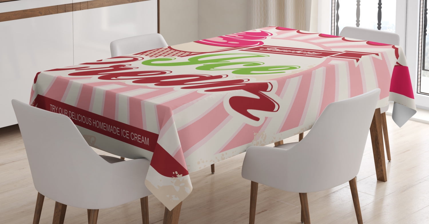 Ice Cream Decor Tablecloth, Retro Strawberry Ice Cream Logo in Soft