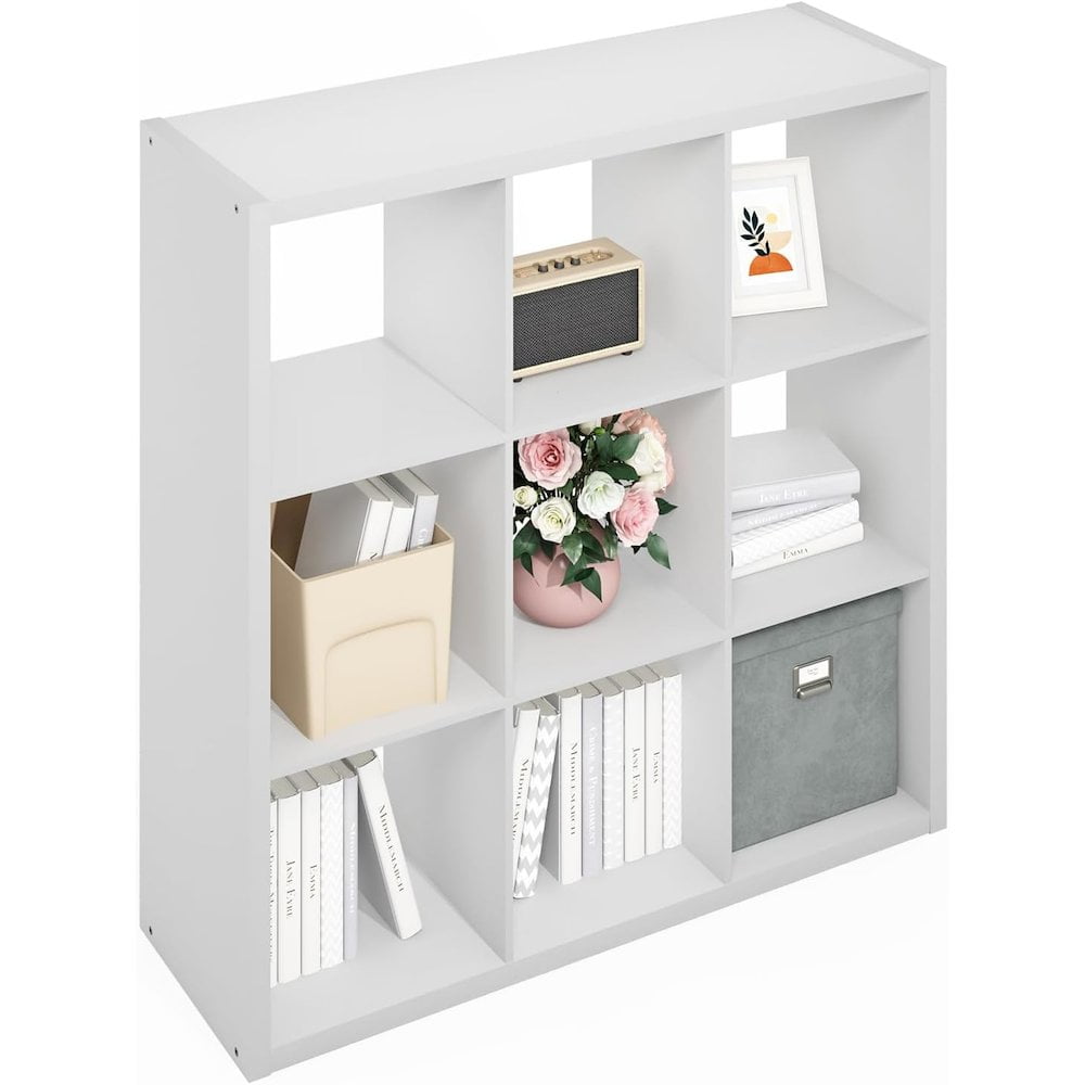 FurniFact White Engineered Wood 9 Cube Storage Organizer with Open Back Modern Design
