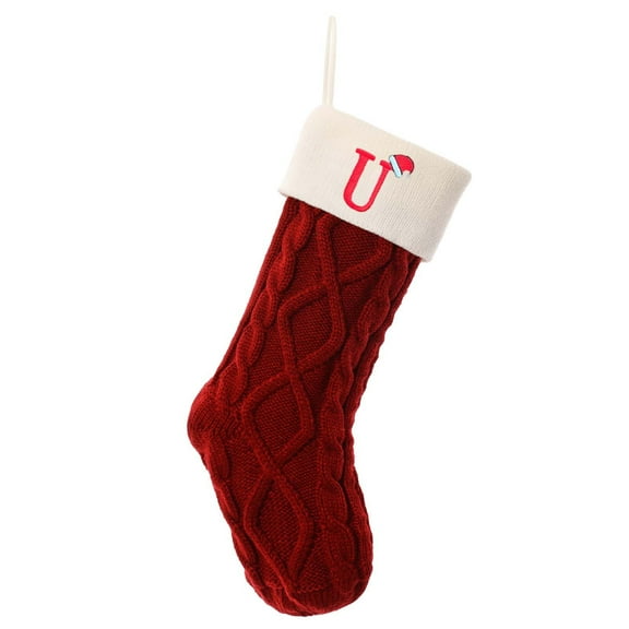geerera 18" Large Knitted Xmas Stocking, Christmas Stockings with Initials, Letter U Embroidered Xmas Stockings, Christmas Party Fireplace Family Hanging Stocking Decorations