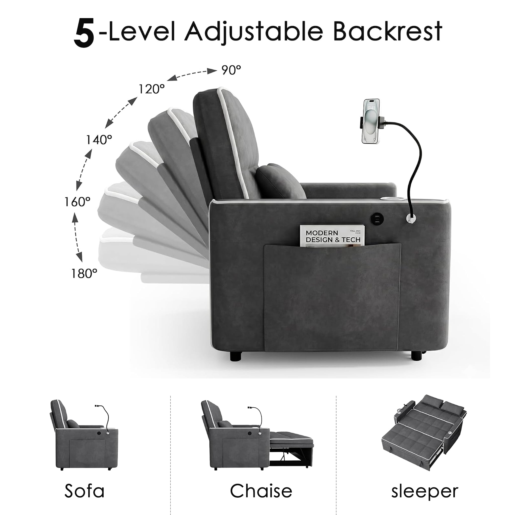 AISWORD 54" Convertible Sleeper Sofa Bed, Pull Out Loveseat Couch with USB Port, Phone Holder & Cup Holder, Adjustable Backrest for Apartment, Living Room, Office, Dark Gray