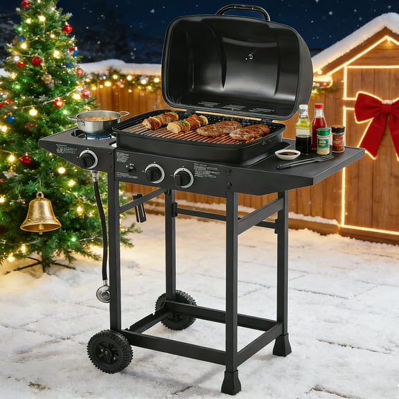 Portable Gas Grill, 24000BTU Grills with 2 Large Wheels, Propane Grill with Side Burner and Thermometer for Patio Activity