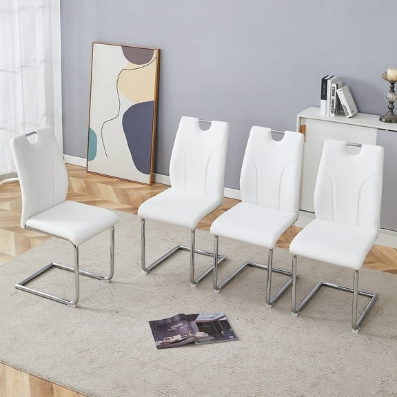 NYEESS Set of 4 White PU Dining Chairs with Silver Metal Legs, Upholstered Modern Kitchen and Dining Room Chairs