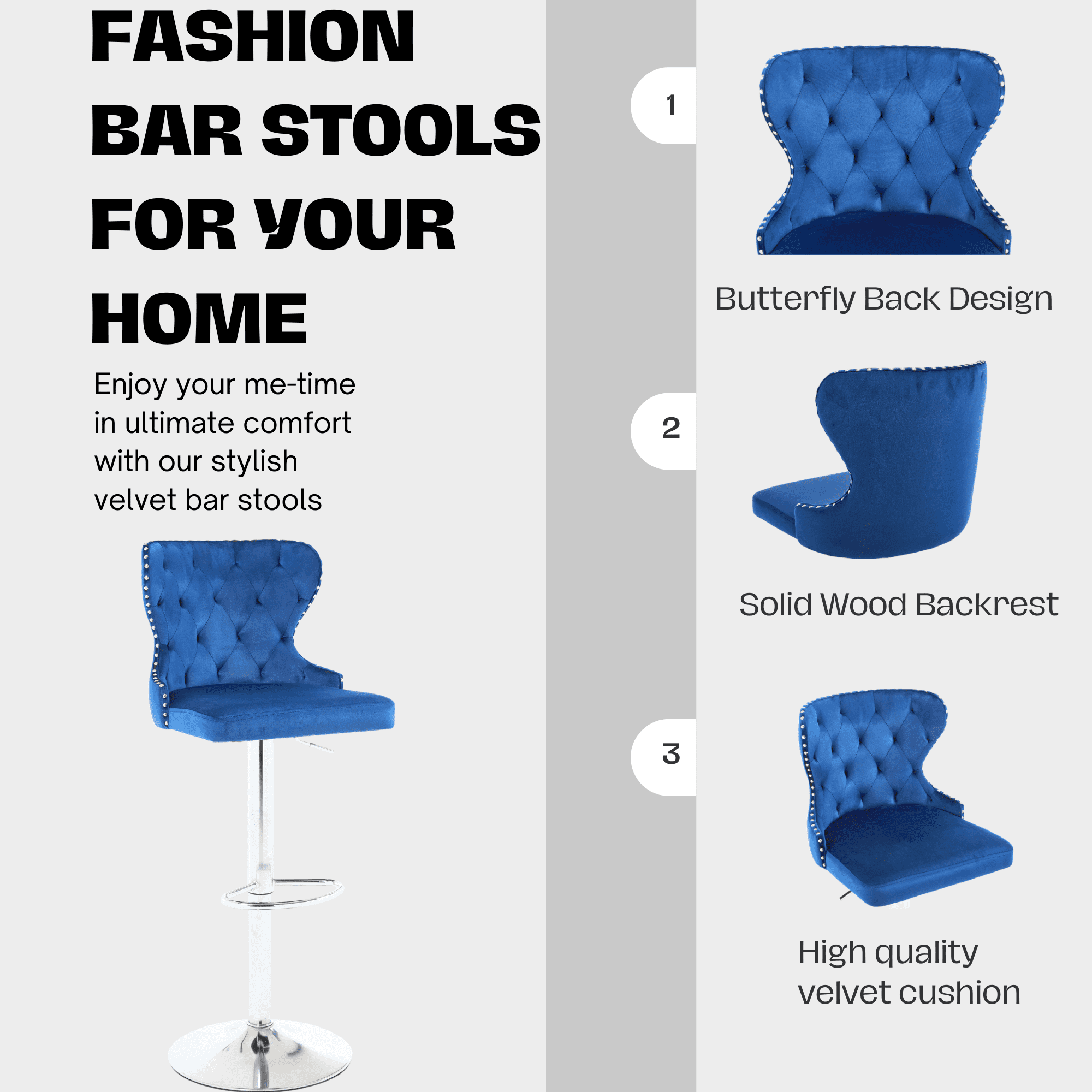 Set of 2 Adjustable Swivel Bar Stools,Velvet Upholstered Counter Height Chairs with Nailhead Trim, Silver Footrest, and High Back for Kitchen Island, Home Bar, Dining Room, Cafe, Blue