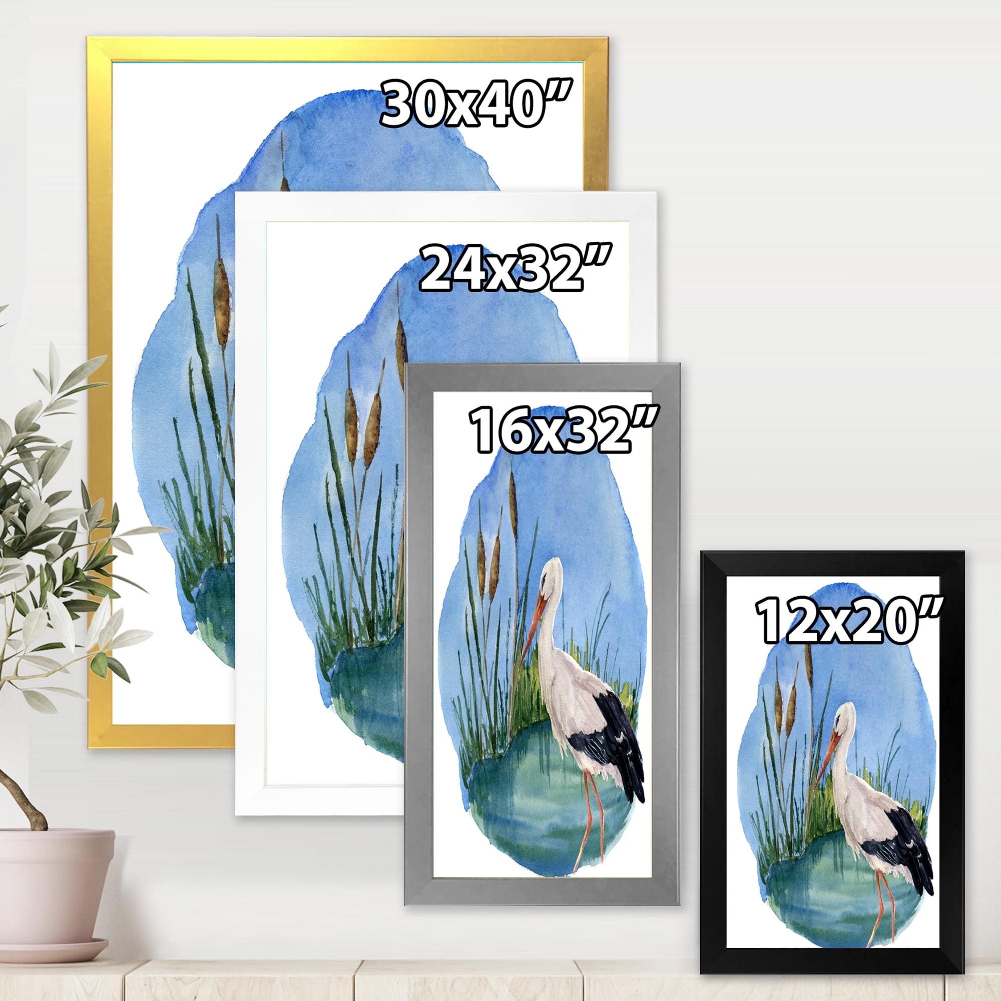 Designart 'White Stork On The Swamp Blue' Traditional Framed Art Print