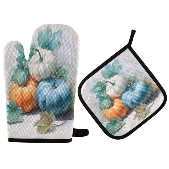 Heat-Resistant Reversible Oven Mitts and Pot Holders Set Double-Sided Insulated Gloves Kitchen Home Supplies Watercolor Pumpkins and Leaves