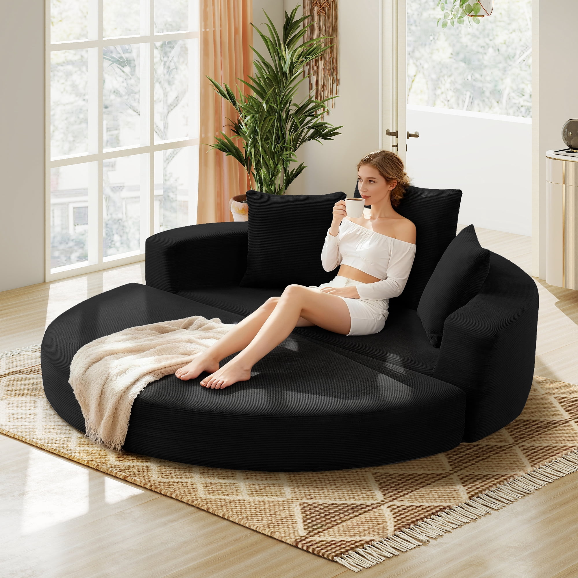 Aukfa 67" Round Convertible Folding Sofa Bed, Corduroy Futon Sleeper Couch with Pillows for Small Spaces and Living Rooms, Black