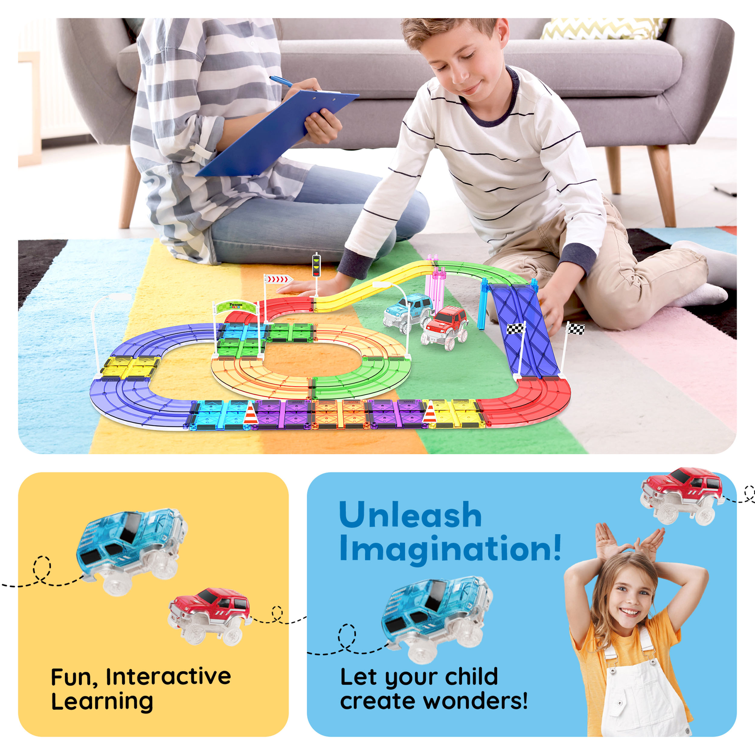 Picasso Tiles 47-Piece Magnetic Race Track Playset photo 2
