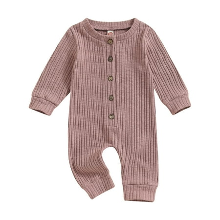 

Wallarenear Baby Girl Button Jumpsuit Solid Color Long Sleeve Ribbed Knit Romper Pants