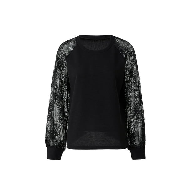 VISgogo Mujeres Camiseta Manga Larga Cuello Redondo Encaje Patchwork Señoras Otoño Tops para Casual Diario VISgogo moda