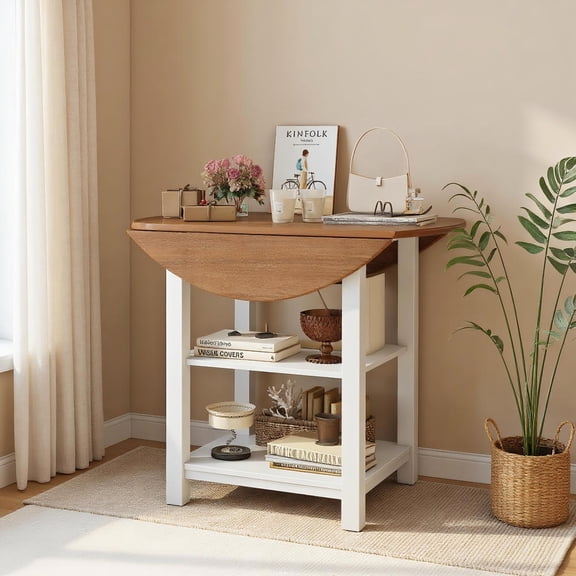 Topcobe Folding Round Dining Table Drop Leaf Table with 2 Shelves for Small Spaces, Modern Furniture for Indoor, Table for Living Room-White