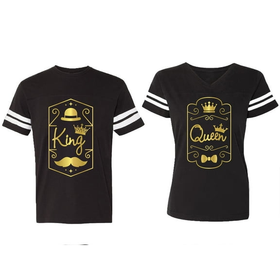 King Queen Pentagon Gold Matching Couple Cotton Jerseys (Men Black / Women Black) (Men S / Women S)