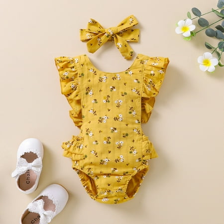 

RPVATI Baby Girls Ruffle Bodysuit Solid Short Sleeve Bodysuits Infant Lace with Headband Summer Romper