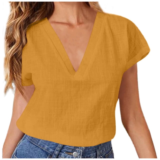 WEAIXIMIUNG Chemises pour Femmes T-Shirts Graphiques Lots Blouse d'Été pour Femmes Couleur Unie en Lin Ample à Manches Mi-Longues à Col en V