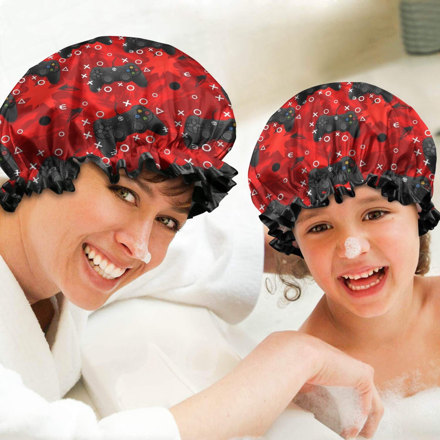 Shower Caps,Black Controllers Games Icons Red Pattern Waterproof Shower Cap for Women 4 Pieces,Double Reusable Hair Cover for Shower PEVA Elastic Stretch Hem