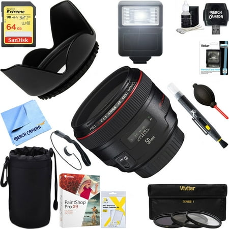 Canon (1257B002) EF 50mm f / 1.2L USM Lens with Case and Hood + 64GB Ultimate Filter & Flash Photography